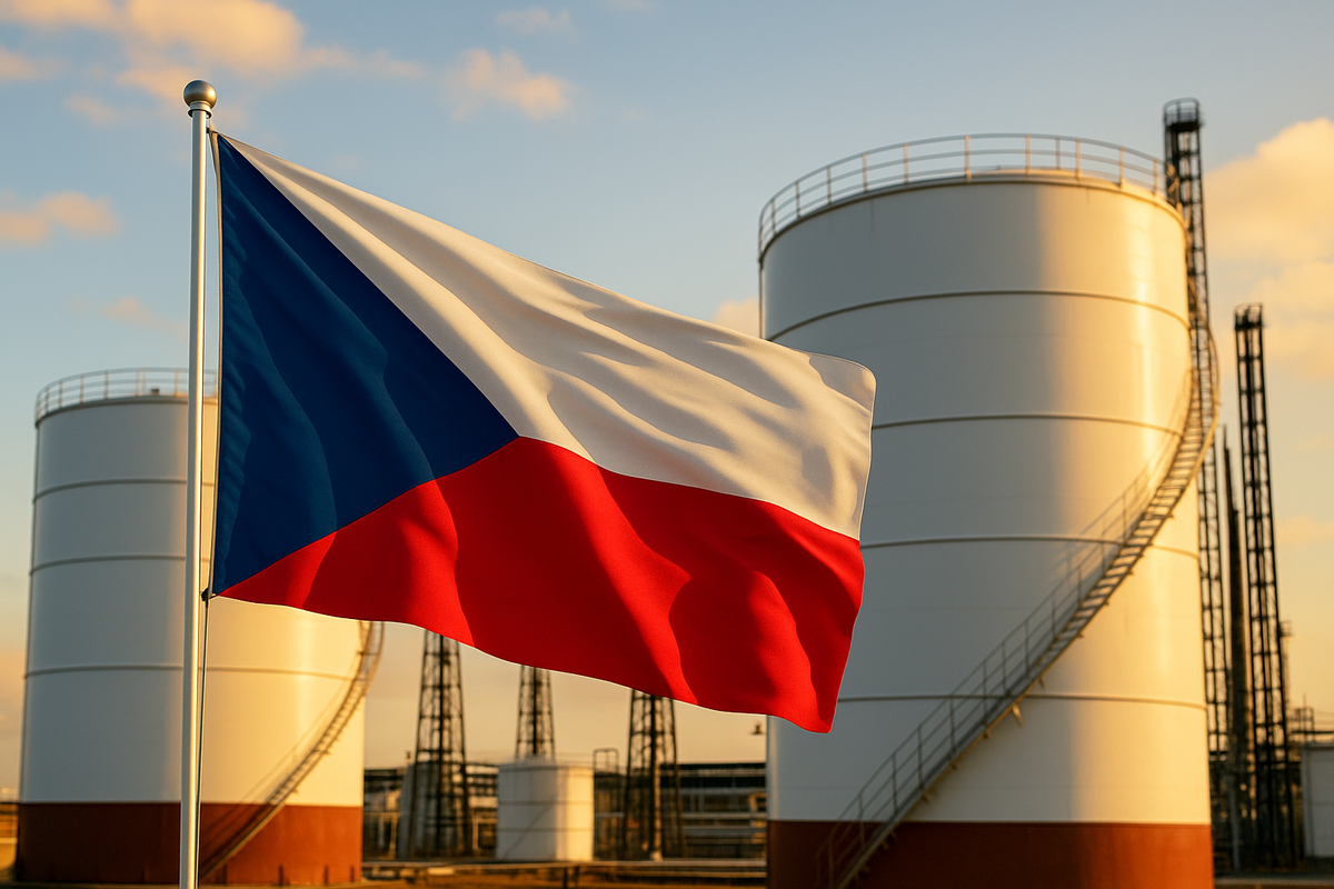 Illustration of the Czech flag in front of oil tanks