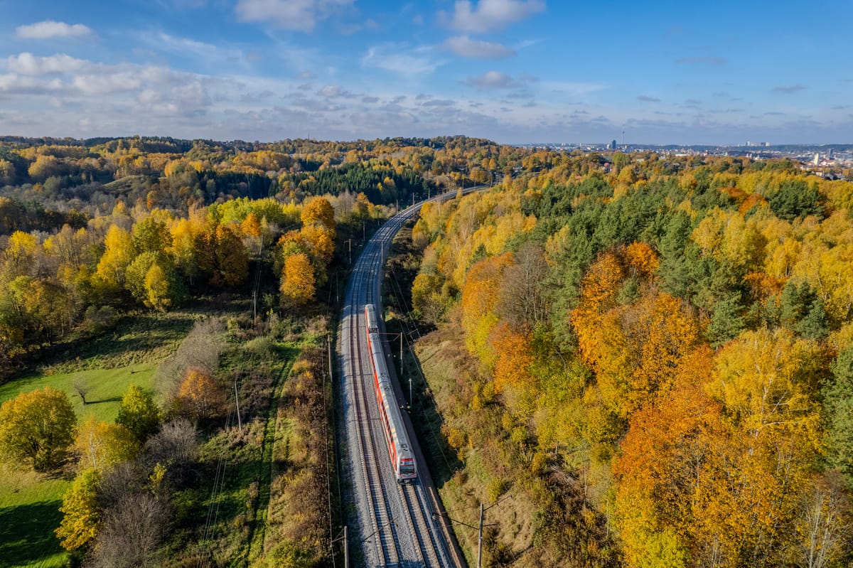 Aerial sunny autumn fall view Markuciai Park, Vilnius, Lithuania