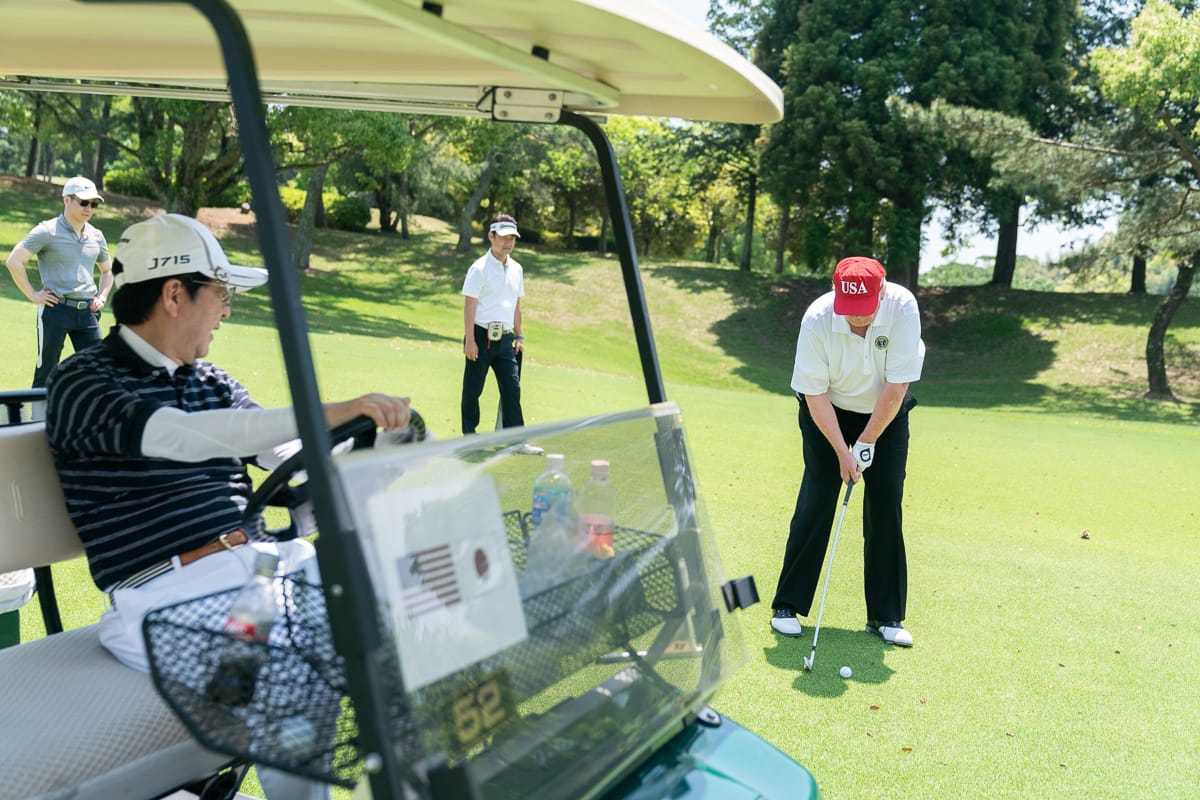 Japan Prime Minister Shinzo Abe and US President Donald Trump on 26 May, 2019, at the Mobara Country Club in Chiba, Japan