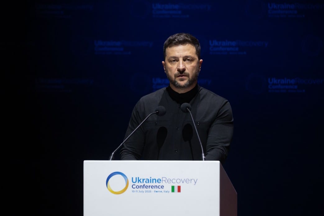 Ukrainian President Volodymyr Zelenskyy addresses the Ukraine Recovery Conference