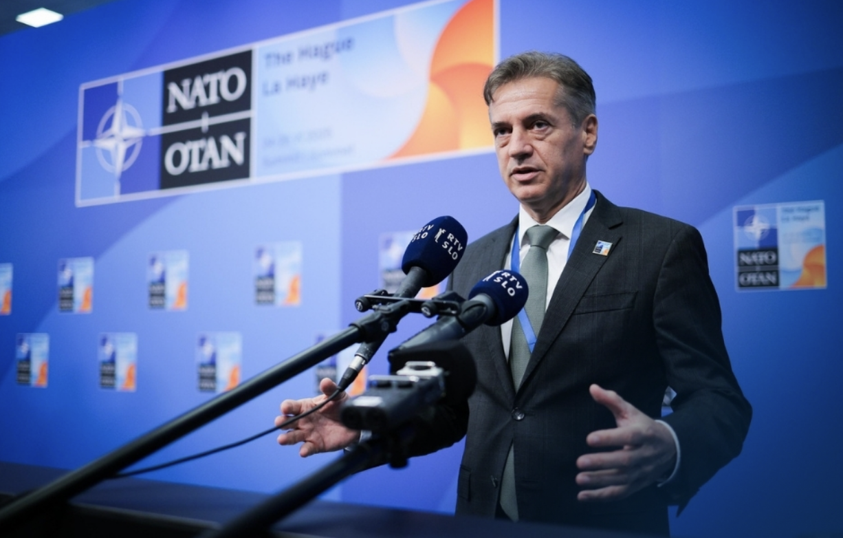 Slovenian Prime Minister Robert Golob speaks at the NATO summit