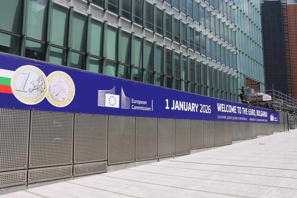 'Welcome to the euro' Bulgaria sign at the EU Commission building on 8 July 2025, Brussels