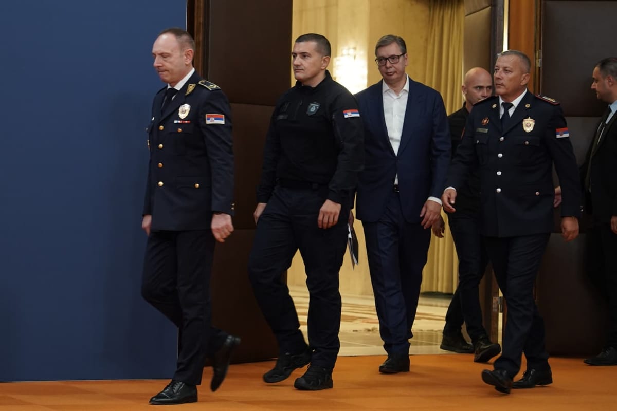 Serbian President Aleksandar Vucic and Serbian law enforcement officers at the Serbia Palace in Belgrade on 17 August, 2025