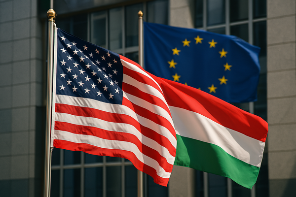 USA, Hungarian and EU flags are fluttering in the wind