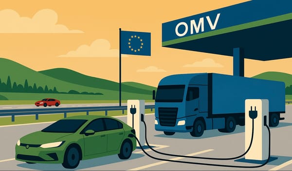 Illustration: Electric car being charged at OMV gas station