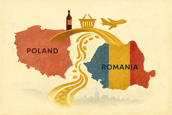 Illustration of the geographical representations of Poland and Romania, being connected by a bridge 