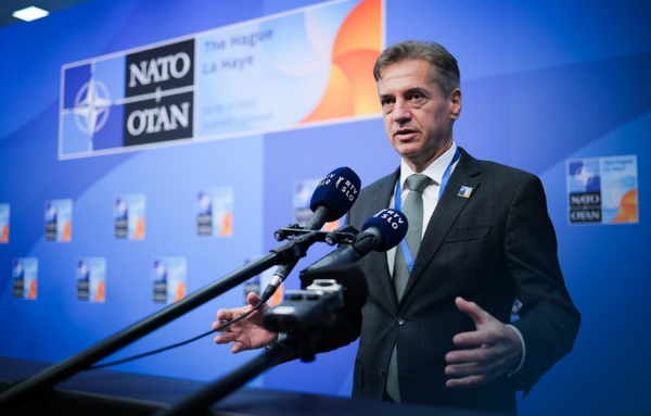 Slovenian Prime Minister Robert Golob speaks at the NATO summit