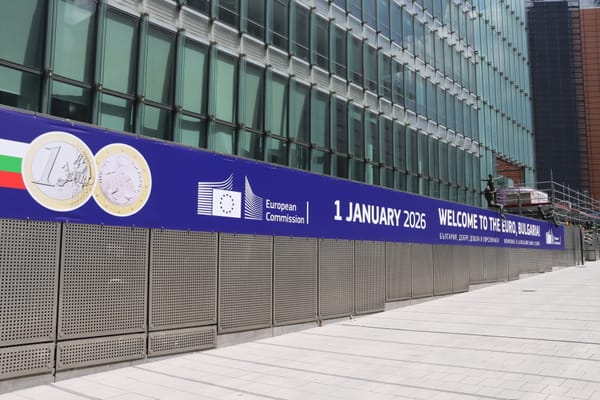 'Welcome to the euro' Bulgaria sign at the EU Commission building on 8 July 2025, Brussels