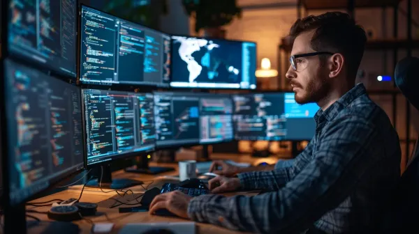 A software developer engrossed in work at a multi-monitor workstation