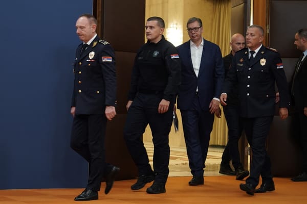 Serbian President Aleksandar Vucic and Serbian law enforcement officers at the Serbia Palace in Belgrade on 17 August, 2025