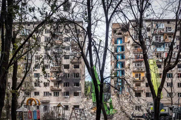 Destroyed residential buildings in Kyiv, Ukraine, after a Russian missile rocket attack